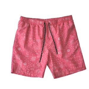 Distortion Mens XL Swim Trunks Shorts Pink Bandana Print Elastic Waist Country